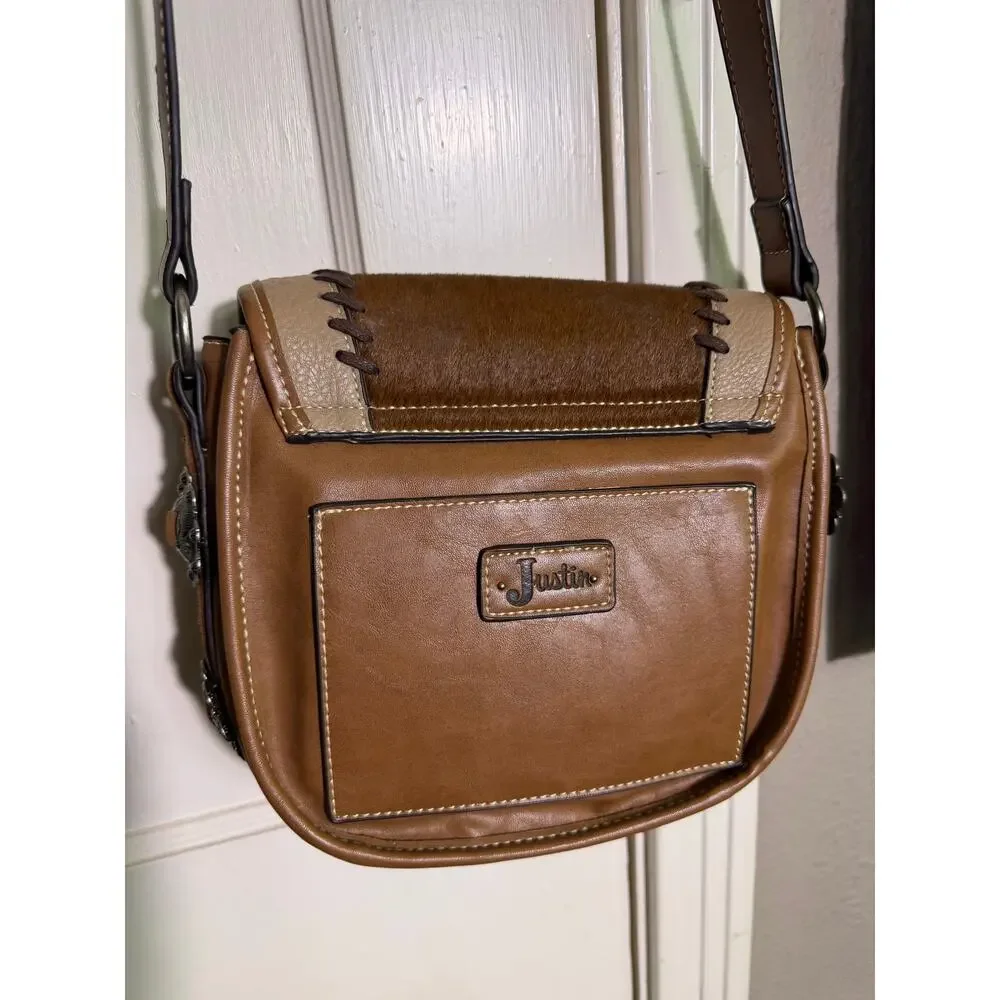 Justin Western Crossbody Purse Cowhide Look Concho Saddle Bag Brown NWT